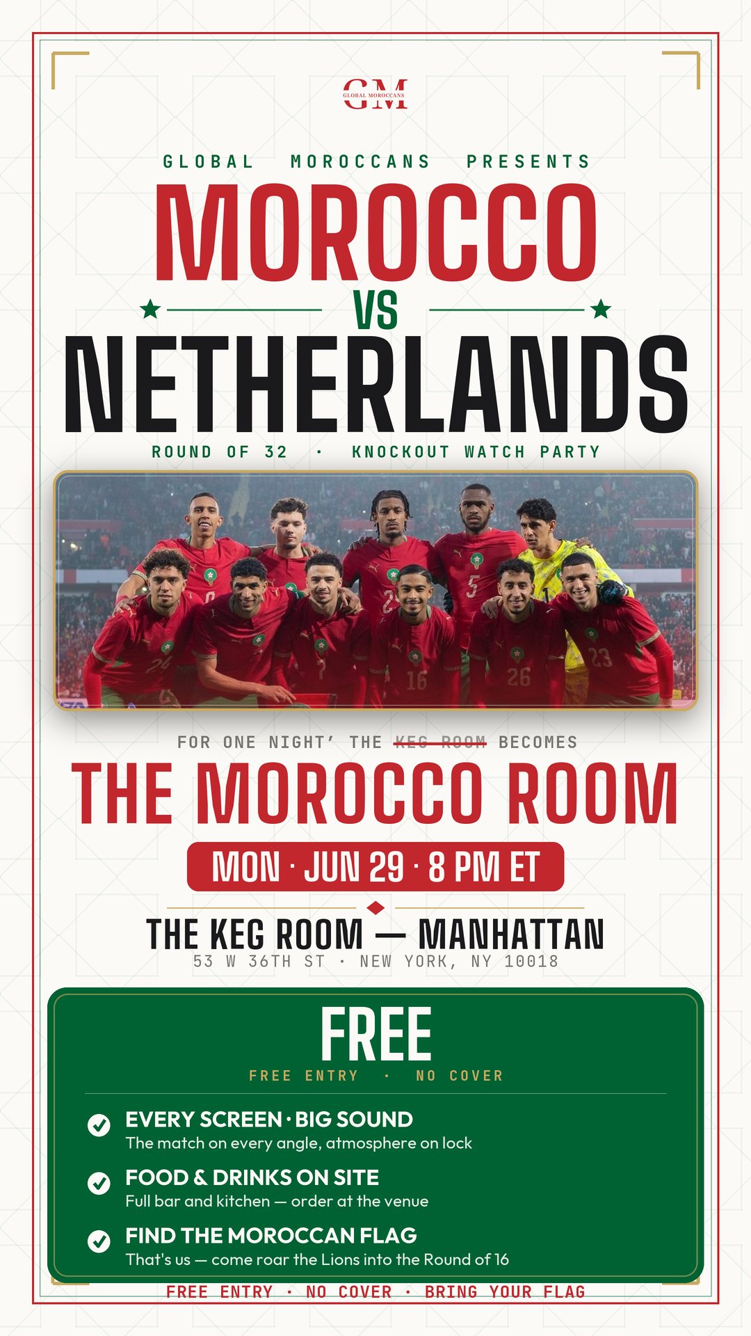 World Cup 2026 · Round of 32 · The Keg Room becomes The Morocco Room